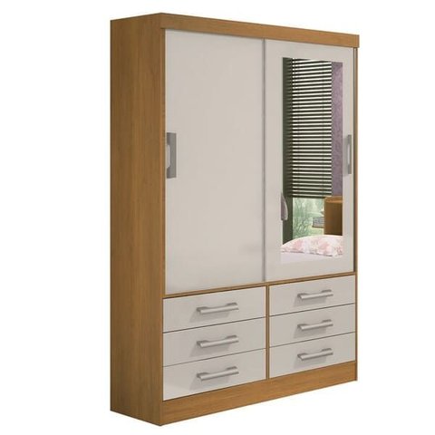 Guarda Roupa Solteiro com Espelho 2 Portas 6 Gavetas - Meridian -cinamomo/off White - Móveis D'doro
