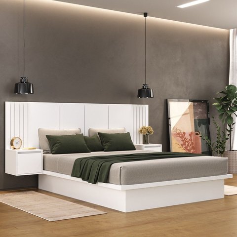 Cama Casal com Cabeceira e 2 Mesa de Cabeceira 2 Gaveta 8292 Branco