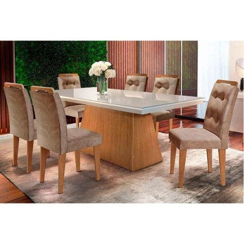 Sala de Jantar Completa Luna C- Tampo Vidro Canto Curvo 180x90cm e 6 Cadeiras Imperatriz Imbuia-off