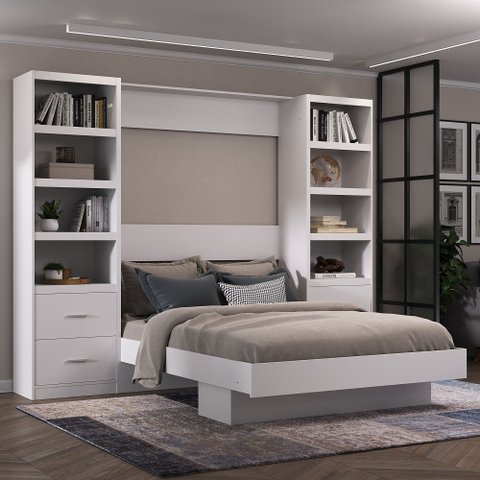 Cama Articulada Casal com Estante 4 Gavetas 8 Prateleira Branco