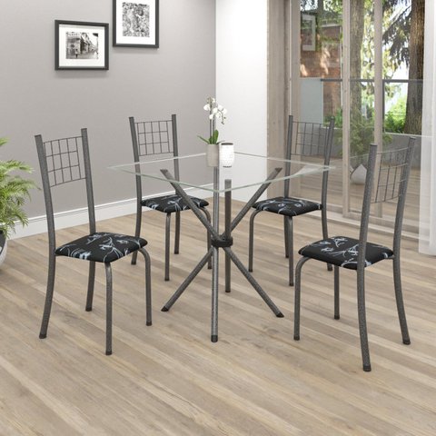 Conjunto de Mesa Tubular 70x70cm Tampo em Vidro com 4 Cadeiras Dany Cinza/Preto Floral/Martelado Prata/Incolor