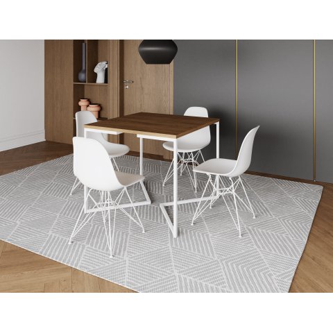 Mesa Industrial Base Ferro Branco em V Tampo 90x90 Amendoa 4 Cadeiras Eames Ferro Assento Branco