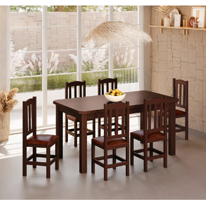 Conjunto Mesa de Madeira Castanho 160x88 + 6 Cadeiras Estofadas Sfa