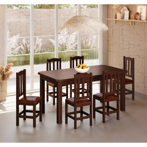 Conjunto Mesa de Madeira Castanho 160x88 + 6 Cadeiras Estofadas Sfa
