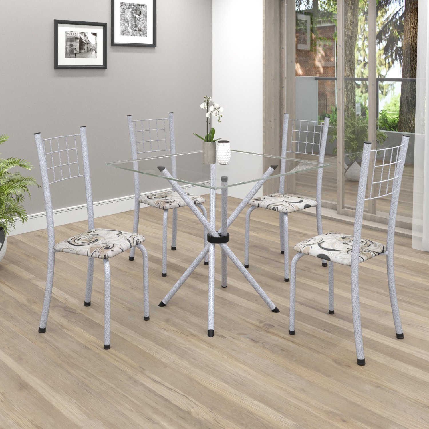 Conjunto de Mesa Tubular 70x70cm Tampo em Vidro com 4 Cadeiras Dany  - 1