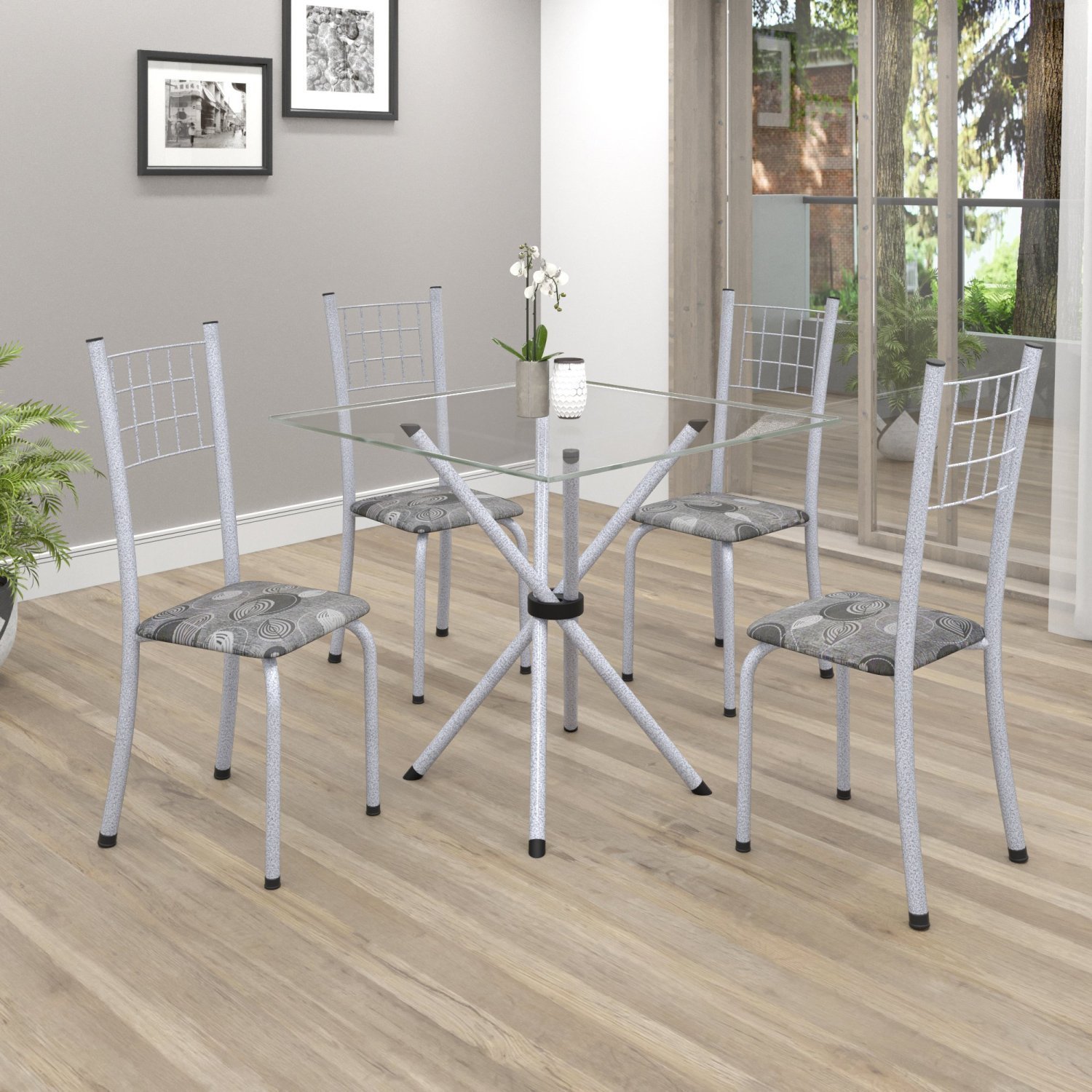 Conjunto de Mesa Tubular 70x70cm Tampo em Vidro com 4 Cadeiras Dany  - 1