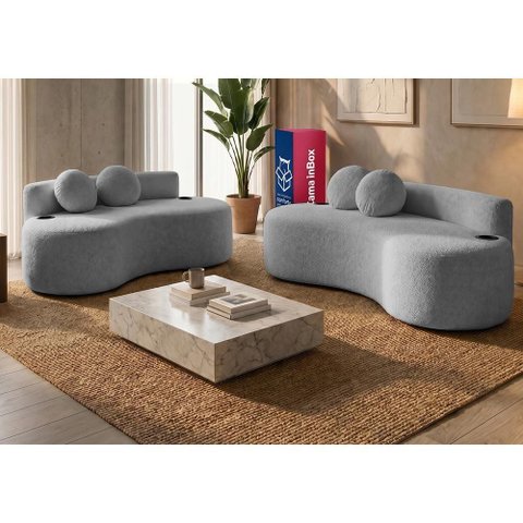 Conjunto de Sofá 3 e 2 Lugares Veda Xpand Tech Tecido Bouclê Cinza Claro Cama Inbox
