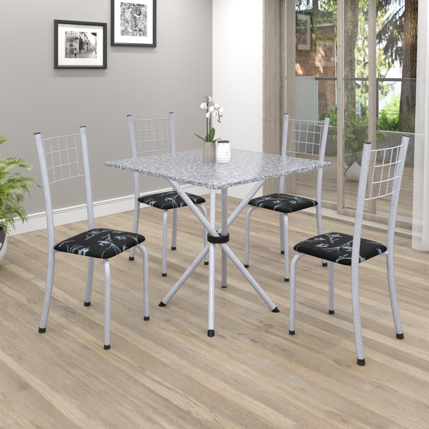 Conjunto de Mesa Tubular 70x70cm Tampo em Granito com 4 Cadeiras Dany  - 1