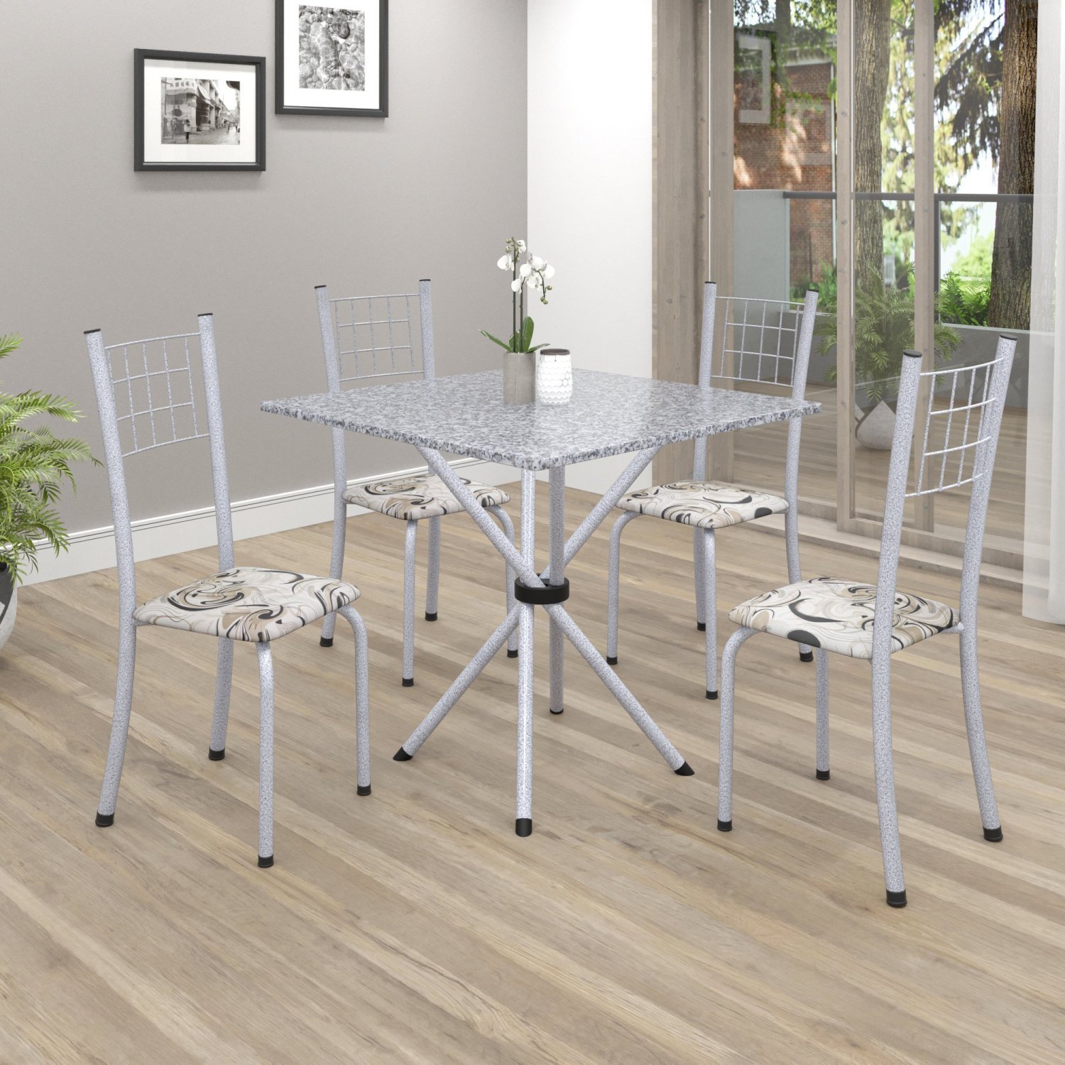 Conjunto de Mesa Tubular 70x70cm Tampo em Granito com 4 Cadeiras Dany  - 1