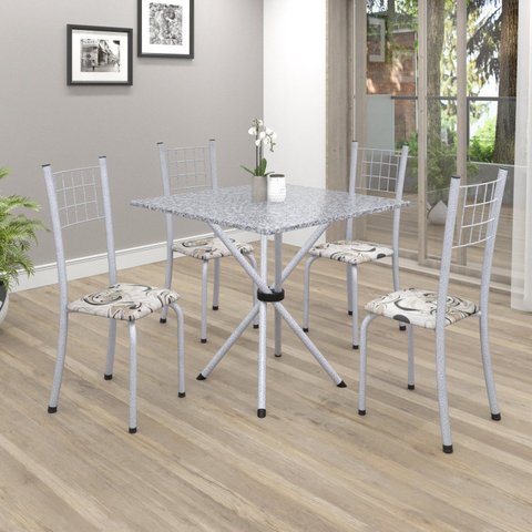 Conjunto de Mesa Tubular 70x70cm Tampo em Granito com 4 Cadeiras Dany Branco/Arabesco/Martelado Perola/Ocre