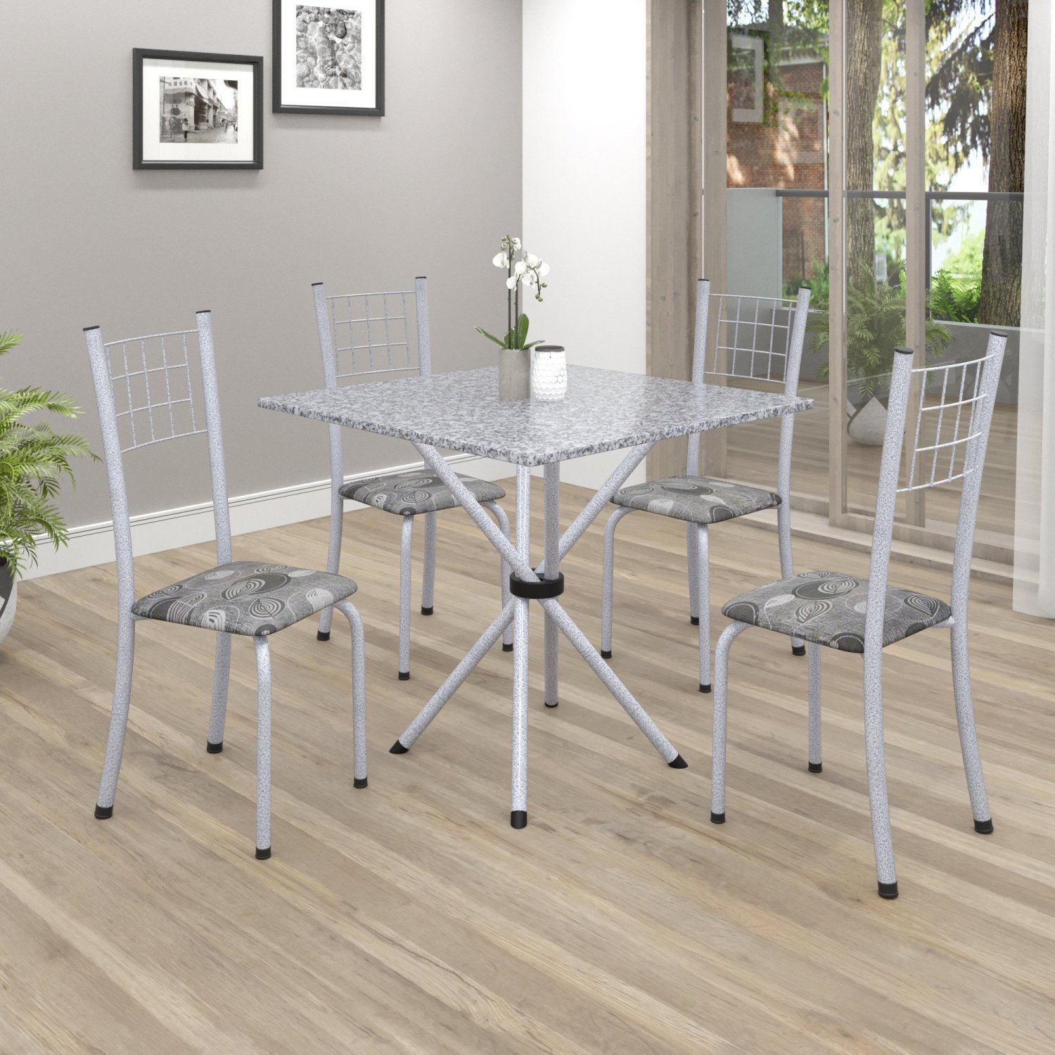 Conjunto de Mesa Tubular 70x70cm Tampo em Granito com 4 Cadeiras Dany  - 1