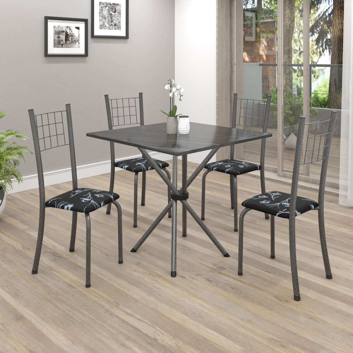 Conjunto de Mesa Tubular 70x70cm Tampo em Ardósia com 4 Cadeiras Dany  - 1