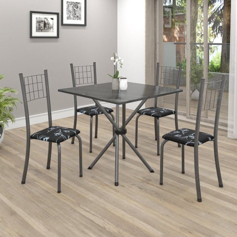 Conjunto de Mesa Tubular 70x70cm Tampo em Ardósia com 4 Cadeiras Dany Cinza/Preto Floral/Martelado Prata/Ardosia Indiano