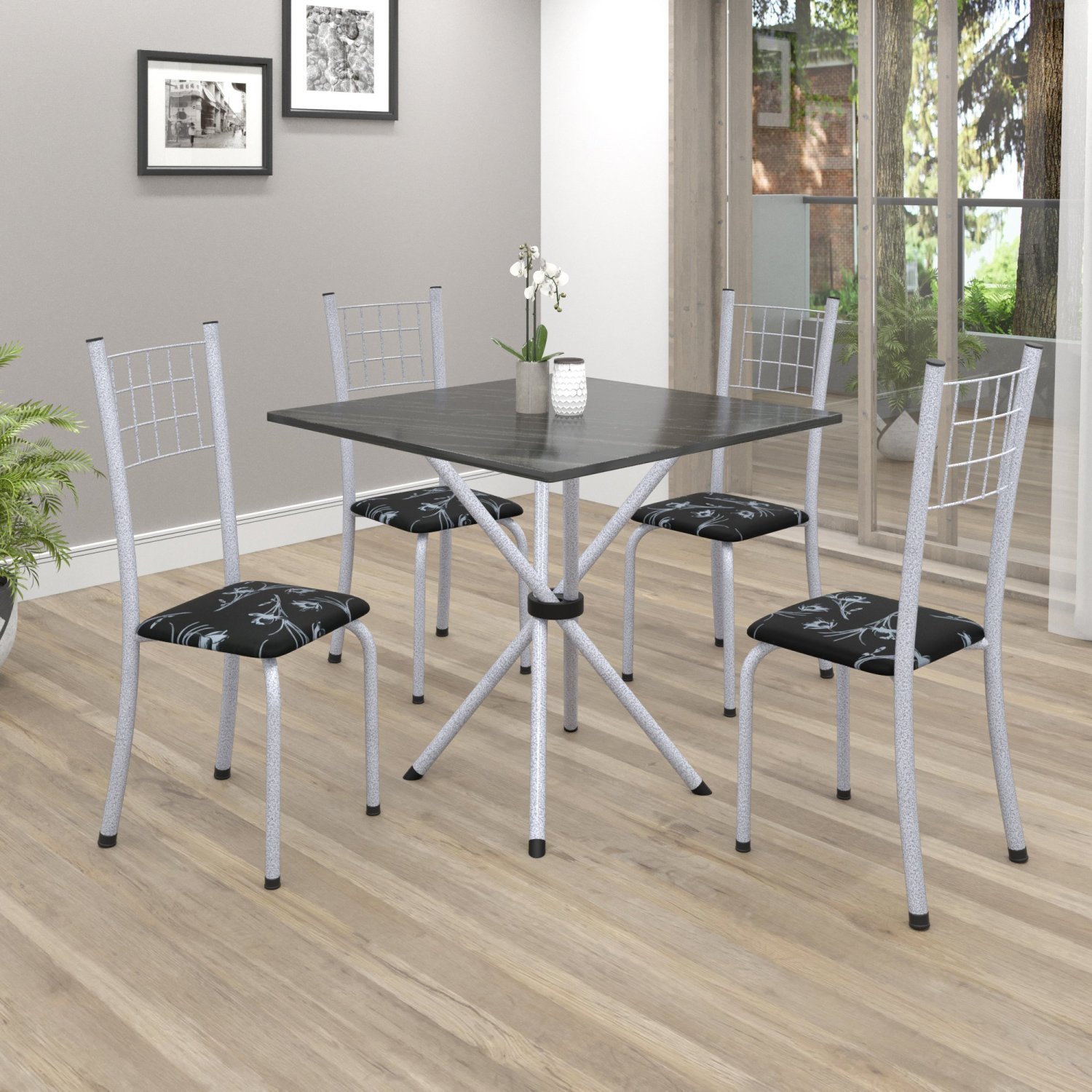 Conjunto de Mesa Tubular 70x70cm Tampo em Ardósia com 4 Cadeiras Dany  - 1