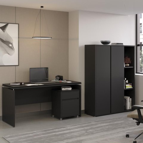 Conjunto de Escritório Office 3 Peças Mesa Gaveteiro Armário Hera - Via Nossa - Preto