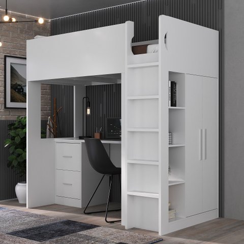 Cama com Armário 2 Portas e 4 Nichos 1 Mesa Escritório com 2 Gavetas Branco