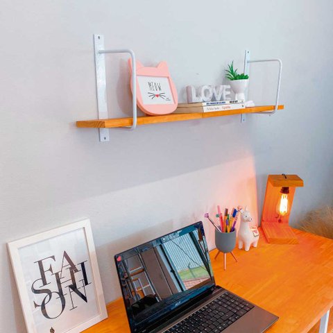 Prateleira de Parede Bracket Industrial 90cm Carvalho e Branco