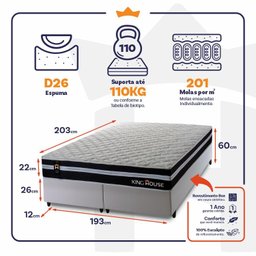 Conjunto Cama Box Super King c/ Molas Ensacadas Durham Branco 193x203x60 - 3