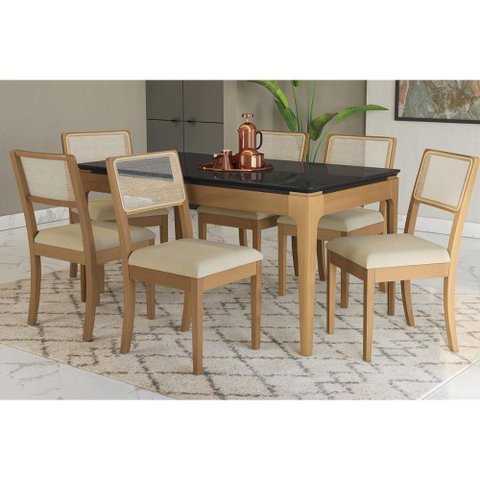Mesa Cozinha Mira Premium Madeira Maciça C/ Tampo Madeirado C/ Vidro 160x90cm e 6 Cadeiras Lola