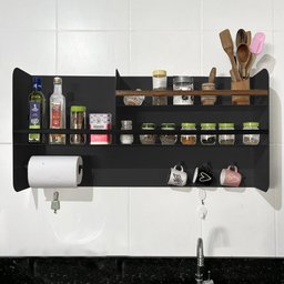 Organizador Multiuso Cozinha em Aço Carbono Preto e Madeira - 100cm Linha Home - 1