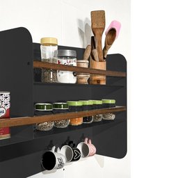 Organizador Multiuso Cozinha em Aço Carbono Preto e Madeira - 100cm Linha Home - 2