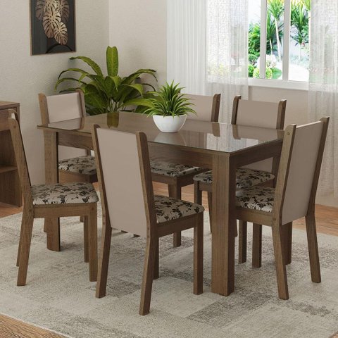 Conjunto Sala de Jantar Mesa Tampo de Vidro 6 Cadeiras Rustic/crema/bege Marrom Heloísa Madesa