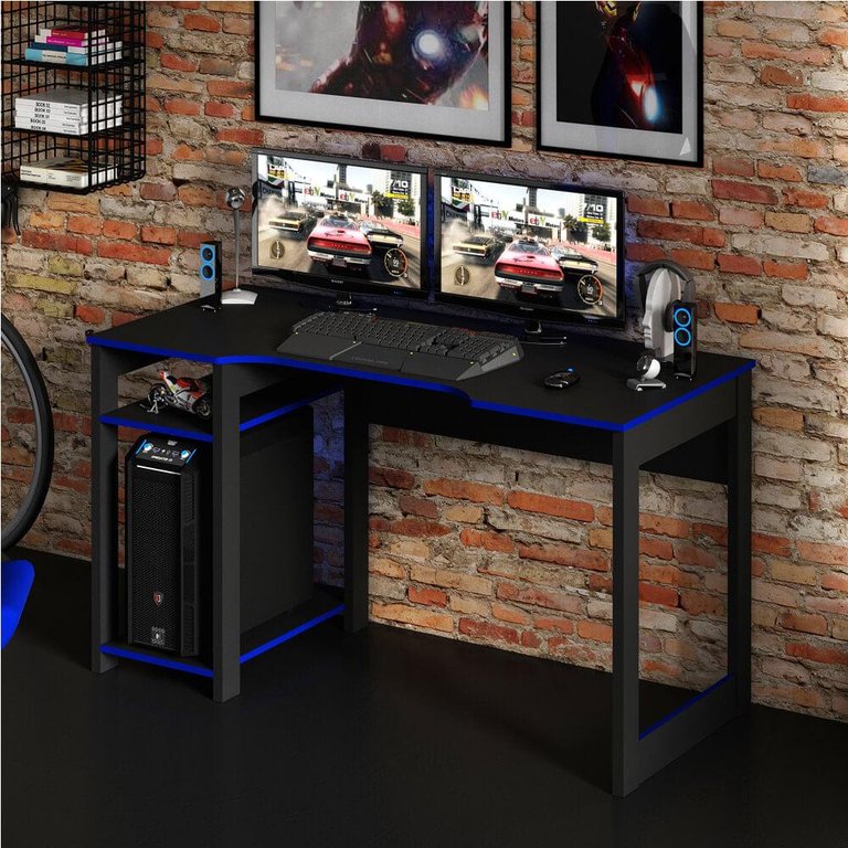 Mesa Escrivaninha Gamer com 2 Nichos - Preto/Azul Mesa Escrivaninha Gamer com 2 Nichos - Preto/Azul