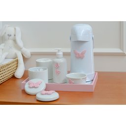 Kit Higiene Bebê Porcelana Térmica Bandeja Banho Borboleta - Rosa - 2