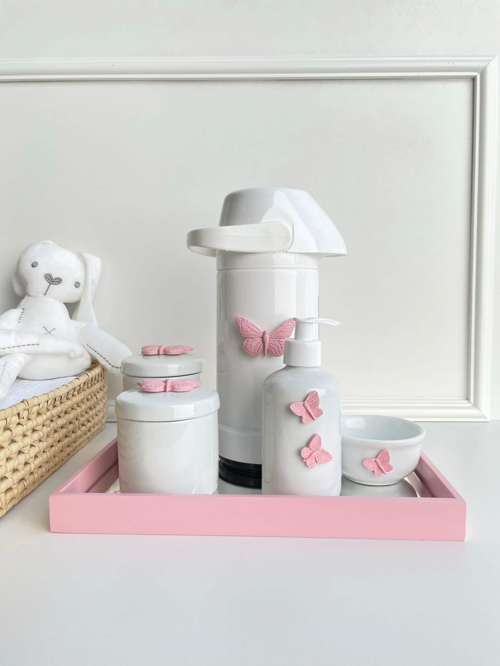 Kit Higiene Bebê Porcelana Térmica Bandeja Banho Borboleta - Rosa