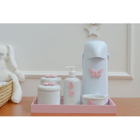 Kit Higiene Bebê Porcelana Térmica Bandeja Banho Borboleta - Rosa