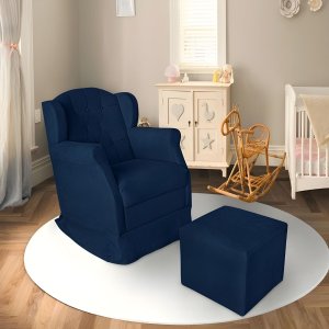 Poltrona Amamentação Cadeira Reforçada Balanço Puff Suede:azul Marinho