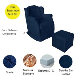 Poltrona Amamentação Cadeira Reforçada Balanço Puff Suede:azul Marinho - 4