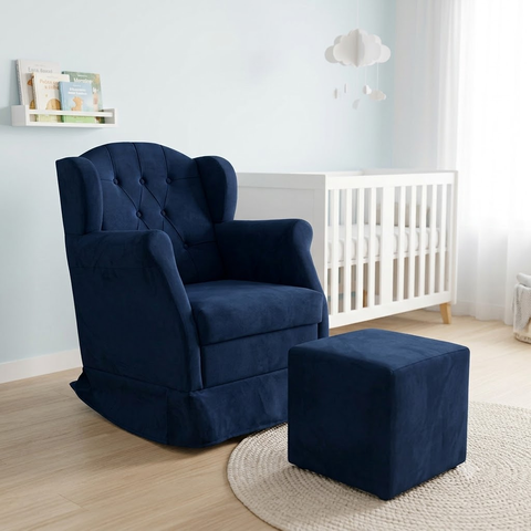 Poltrona Amamentação Cadeira Reforçada Balanço Puff Suede:Azul Marinho