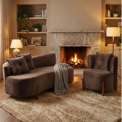 Conjunto 01 Poltrona + Sofá Curvo Orgânico Veludo Marrom - Montanaris Decor
