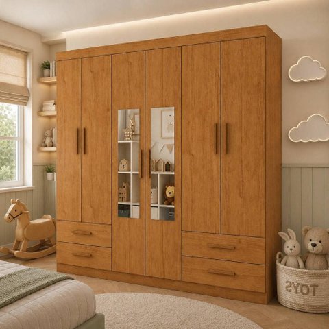 Guarda-Roupa Infantil com Espelho 6 Portas e 4 Gavetas 177cm Multimóveis CR35561 Madeirado