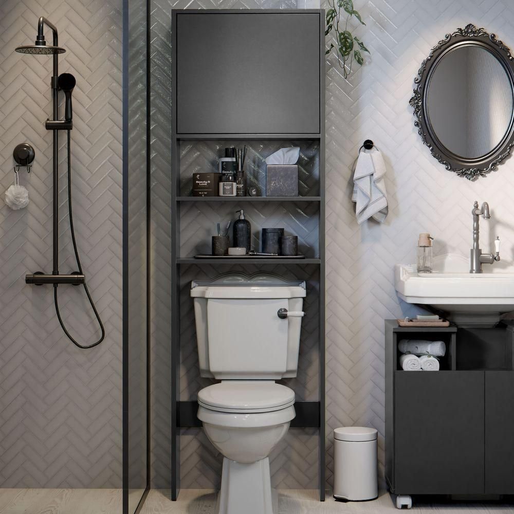 Armário para Banheiro Torre Porta com Pistão Abertura para Vaso Preto