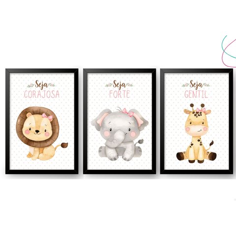 Kit 3 Quadros Decorativos com Vidro e Moldura -safari Menina:preta