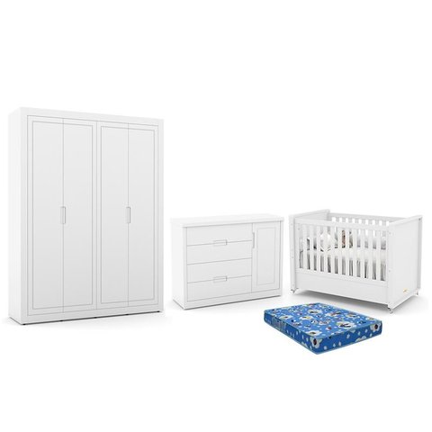Dormitório Tutto New 4 Portas, Cômoda 1 Porta, Berço Branco Soft com Colchão - Matic Móveis