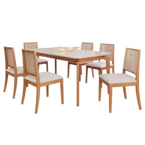 Conjunto Mesa Ficus 1,80 com 6 Cadeiras Buriti Ideal para Família Madeira/off White/linho Cru