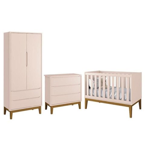 Dormitório Infantil Classic 2 Portas, Cômoda 3 Gavetas e Berço Rosa Fosco com Pés Amadeirado -