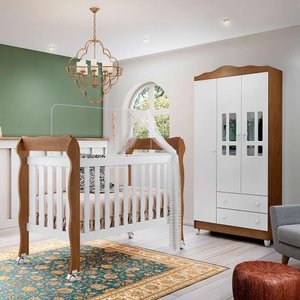 Quarto de Bebê Guarda Roupa 3 Portas Ariel Berço 3 em 1 Lila Branco Amadeirado Carolina Baby