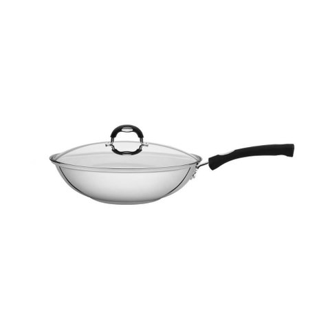 Wok Tramontina Solar Silicone em Aço Inox com Fundo Triplo e Tampa de Vidro 28 Cm 3,3 L