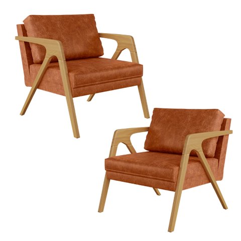 Kit 02 Poltronas Decorativa Para Sala Pietra Estrutura De Madeira L02 Couríssimo Camel - Lyam