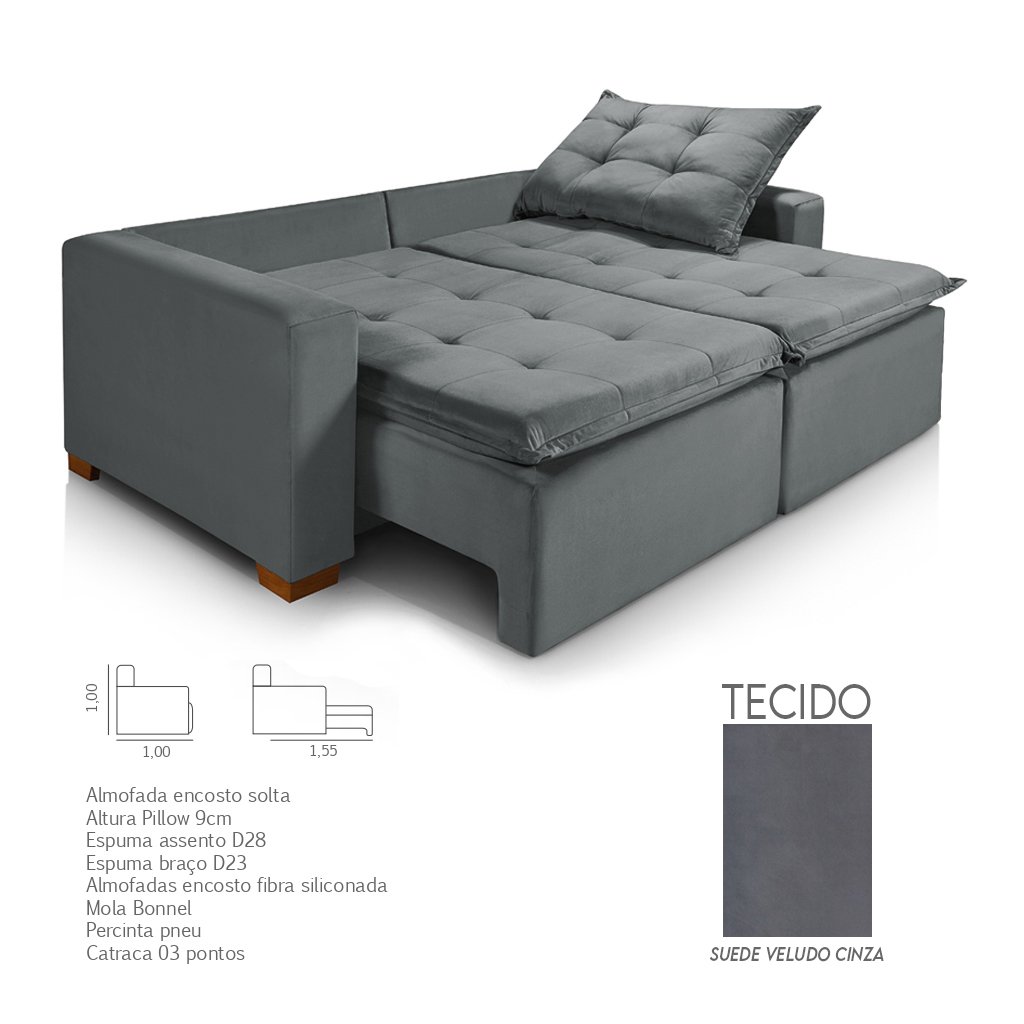 Sofá Cama Panamá Retrátil Reclinável 2,00M Tecido Suede Veludo Cinza