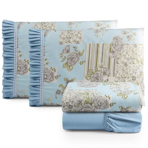 Jogo Cama Lençol Fiore Casal Padrão Estampado 180 Fios 100% Algodão com Babadinho 4 Peças Azul Flora
