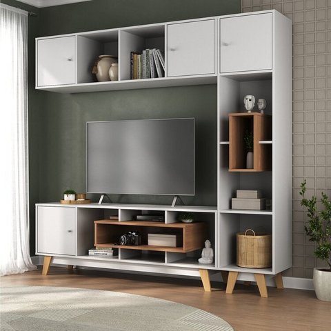 Estante Home para Tv até 65 Polegadas com 3 Portas Concept Yescasa Branco/Nogal