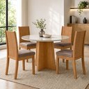 Ver imagem 1 de Conjunto Sala de Jantar 4 Lugares Redonda Tampo Vidro/MDF Mesa Celebrare e Cadeiras Athenas Marrom Amêndoa Clean/Off White/Suede Animale Bege