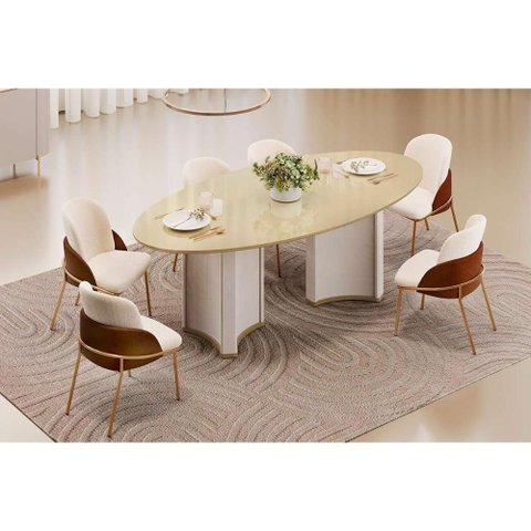 Sala de Jantar Completa Liz C/ Tampo Madeirado C/ Vidro Oval 218x108cm e 6 Cadeiras Vitta Off White/