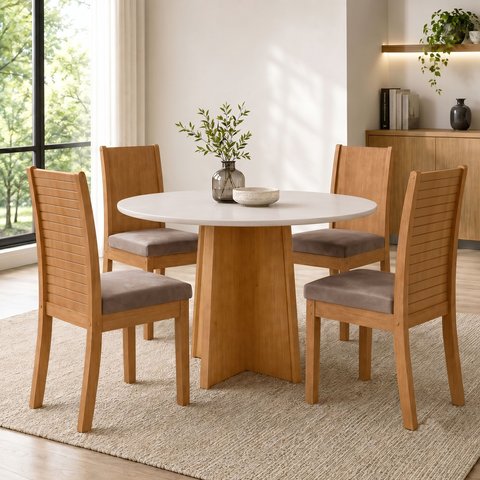 Conjunto Sala de Jantar 4 Lugares Redonda Tampo MDF Mesa Celebrare e Cadeiras Athenas Marrom Amêndoa Clean/Off White/Veludo Animale Bege
