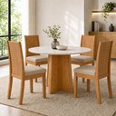 Ver imagem 1 de Conjunto Sala de Jantar 4 Lugares Redonda Tampo MDF Mesa Celebrare e Cadeiras Athenas Marrom Amêndoa Clean/Off White/Linho Rinzai Bege